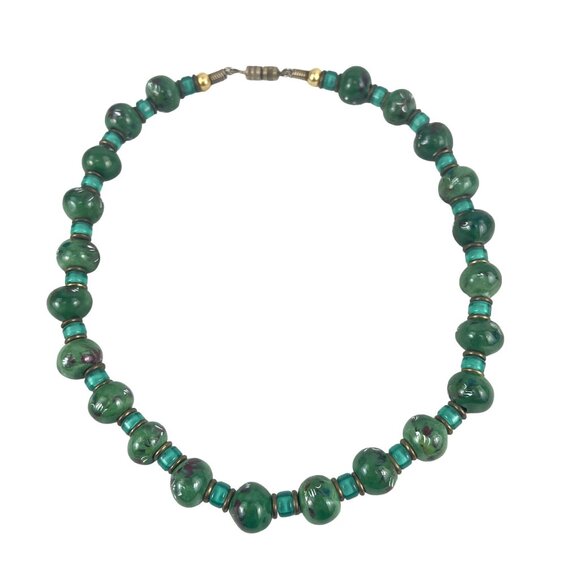 Vintage 16” Green Ceramic Beaded Necklace With Barrel Clasp 1970s - Picture 1 of 7